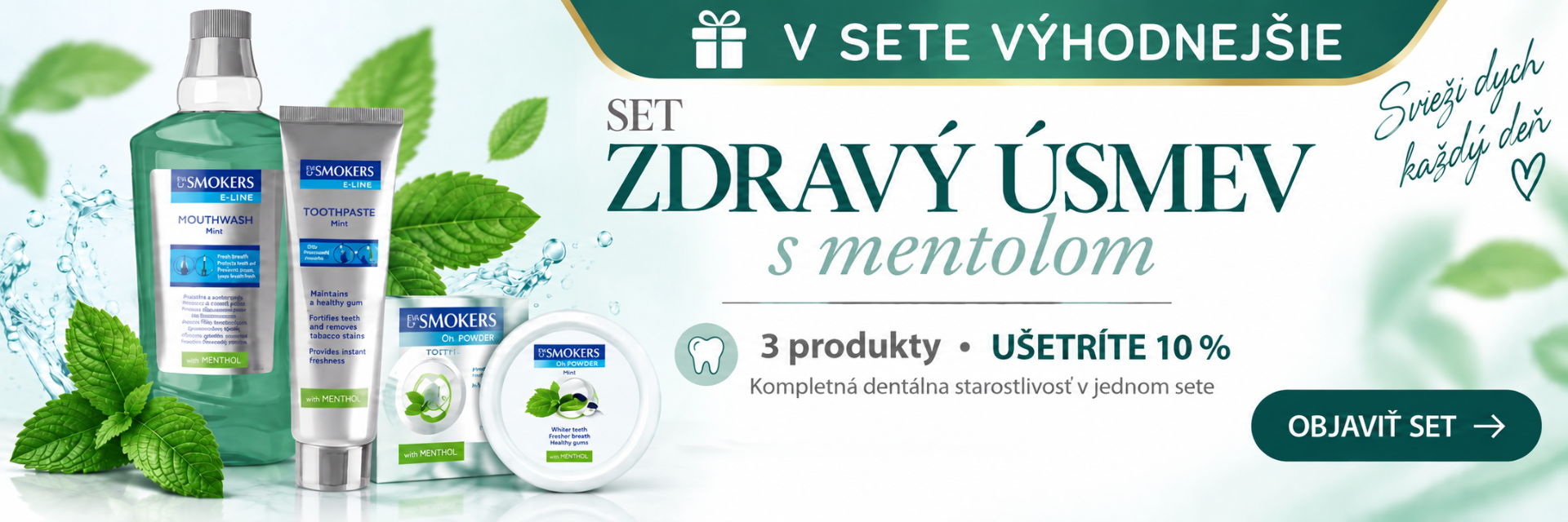 Set Zdravý úsmev s mentolom – dentálna starostlivosť Eva Smokers, 3 produkty v sete so zľavou 10 % | Kozmetika z Egypta