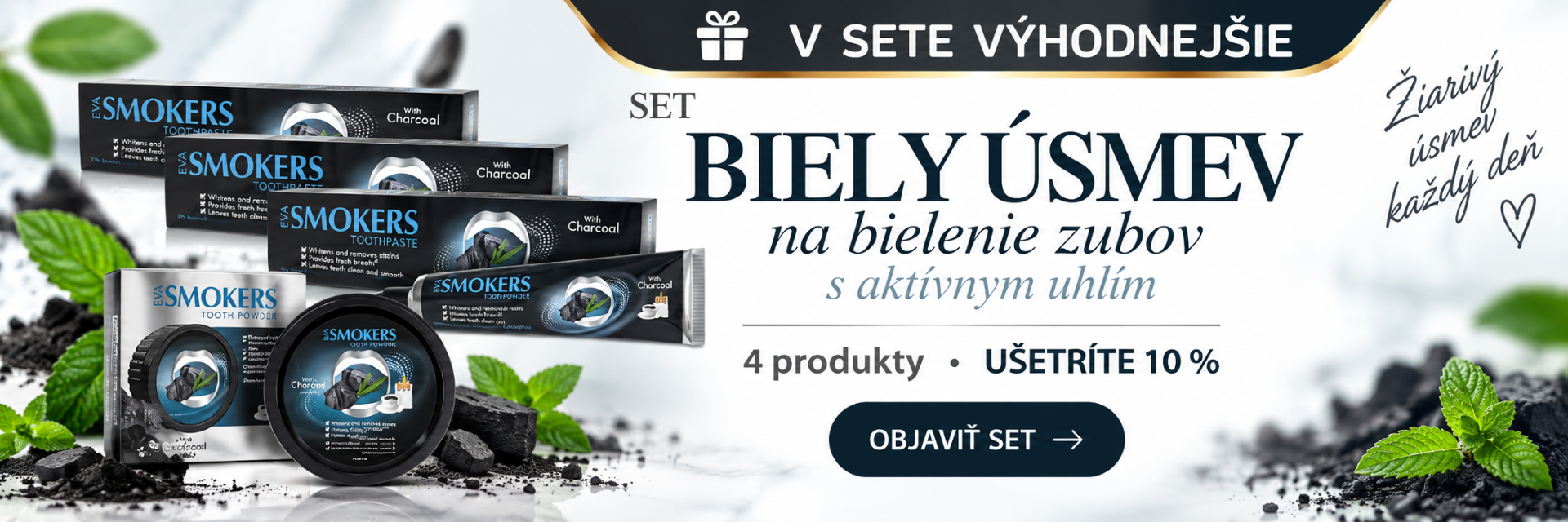 Set Biely úsmev na bielenie zubov s aktívnym uhlím Eva Smokers – 4 produkty so zľavou 10 % | Kozmetika z Egypta