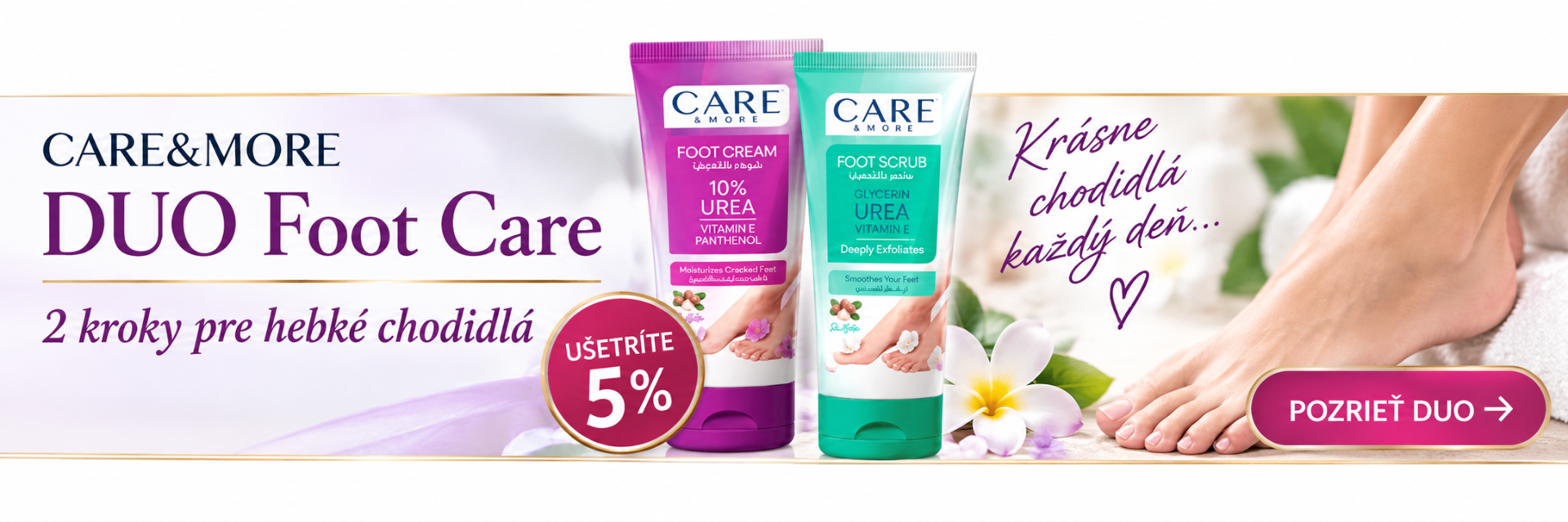 Care&More DUO Foot Care – peeling a krém na nohy s 10 % UREA, 2 kroky pre hebké chodidlá, výhodný set so zľavou 5 % | Kozmetika z Egypta